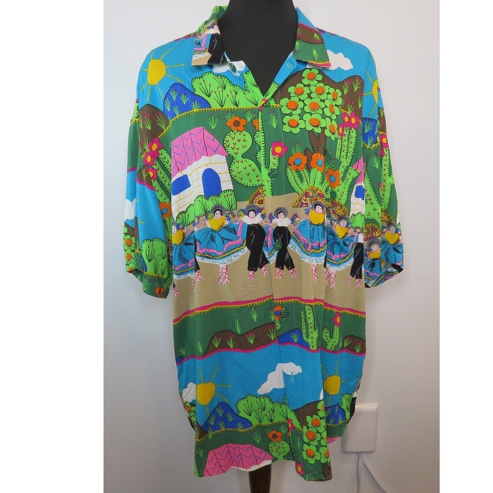 Jams World Camp Shirt Mens Multi Beach Print Short Sleeve Button Front RARE